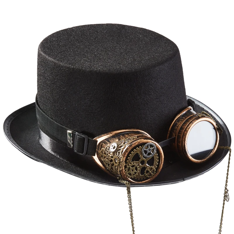 Steampunk Hat With Goggles Gothic Gears Chain Black Top Hat Men Women Black Fedora Cosplay Anime Head Wear Steampunk Hat With Goggles Gothic Gears Chain Black Top Hat Men Women Black Fedora Cosplay Anime Head Wear