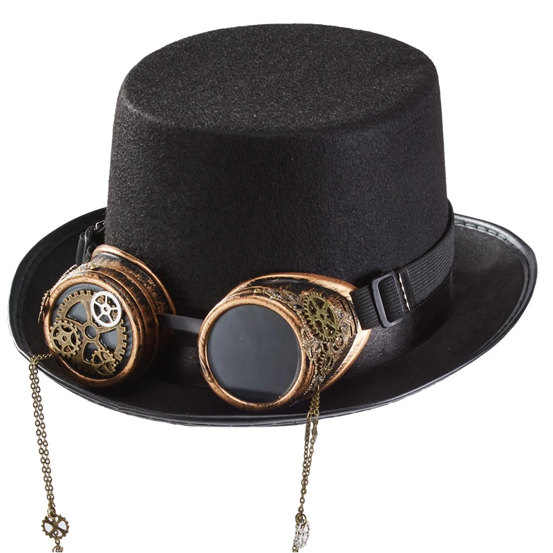 Steampunk Hat With Goggles Gothic Gears Chain Black Top Hat Men Women Black Fedora Cosplay Anime Head Wear Steampunk Hat With Goggles Gothic Gears Chain Black Top Hat Men Women Black Fedora Cosplay Anime Head Wear