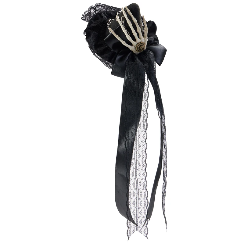 Steampunk Lolita Bowknot Skeleton Hand Mini Top Hat Halloween Witch Small Hats with Ribbon Cos Headwear Steampunk Lolita Bowknot Skeleton Hand Mini Top Hat Halloween Witch Small Hats with Ribbon Cos Headwear