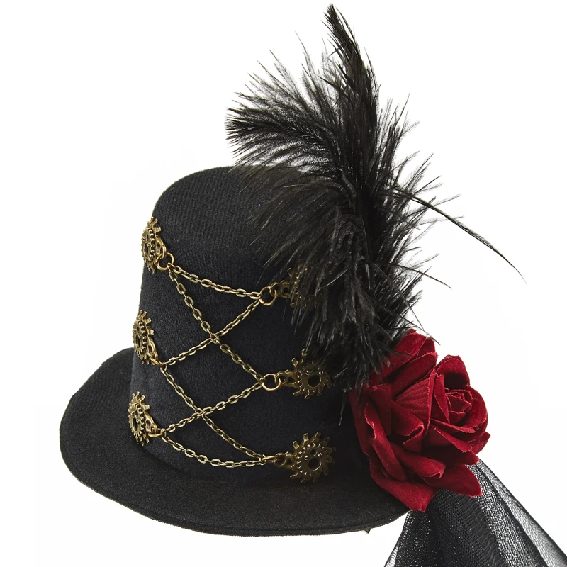 Steampunk Mini Hat Halloween Party Gothic Gears Mini Top Hat with Lace Leather Rose Hair Clip Steampunk Mini Hat Halloween Party Gothic Gears Mini Top Hat with Lace Leather Rose Hair Clip