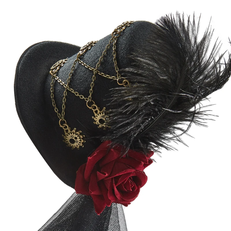 Steampunk Mini Hat Halloween Party Gothic Gears Mini Top Hat with Lace Leather Rose Hair Clip Steampunk Mini Hat Halloween Party Gothic Gears Mini Top Hat with Lace Leather Rose Hair Clip