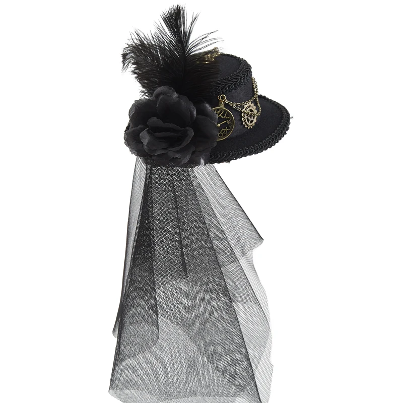 Steampunk Mini Top Hat Gear Chain Feather Cosplay Mini Hat With Veil Halloween Party Hats Hair Clip Steampunk Mini Top Hat Gear Chain Feather Cosplay Mini Hat With Veil Halloween Party Hats Hair Clip
