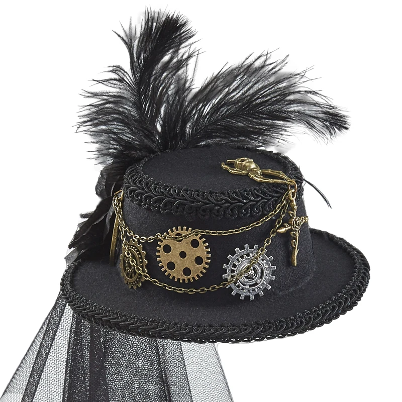 Steampunk Mini Top Hat Gear Chain Feather Cosplay Mini Hat With Veil Halloween Party Hats Hair Clip Steampunk Mini Top Hat Gear Chain Feather Cosplay Mini Hat With Veil Halloween Party Hats Hair Clip