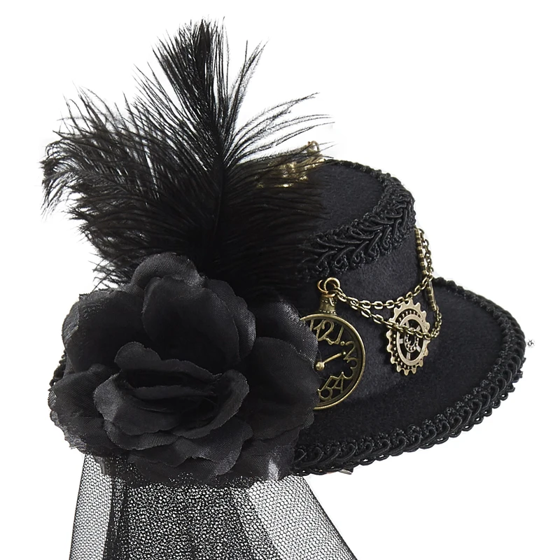Steampunk Mini Top Hat Gear Chain Feather Cosplay Mini Hat With Veil Halloween Party Hats Hair Clip Steampunk Mini Top Hat Gear Chain Feather Cosplay Mini Hat With Veil Halloween Party Hats Hair Clip
