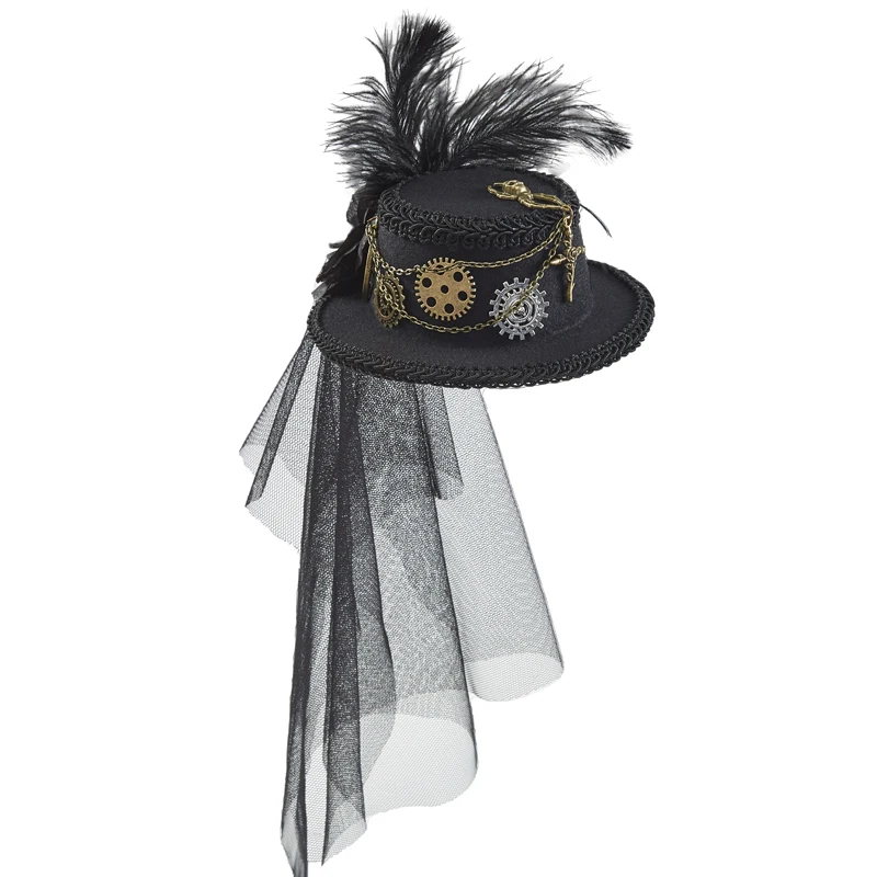 Steampunk Mini Top Hat Gear Chain Feather Cosplay Mini Hat With Veil Halloween Party Hats Hair Clip Steampunk Mini Top Hat Gear Chain Feather Cosplay Mini Hat With Veil Halloween Party Hats Hair Clip