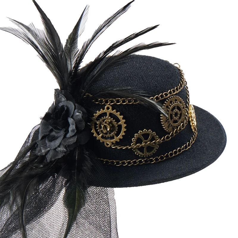 Steampunk Small Hat Gothic Hair Clip Vintage Gear Feathers Chain Black Brown Mini Top Hat Steampunk Small Hat Gothic Hair Clip Vintage Gear Feathers Chain Black Brown Mini Top Hat