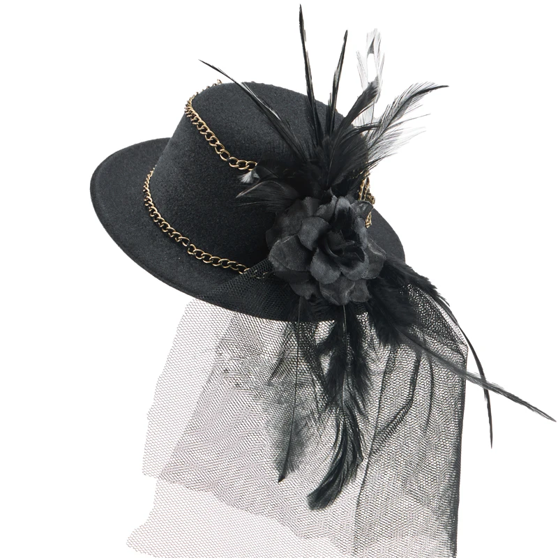 Steampunk Small Hat Gothic Hair Clip Vintage Gear Feathers Chain Black Brown Mini Top Hat Steampunk Small Hat Gothic Hair Clip Vintage Gear Feathers Chain Black Brown Mini Top Hat