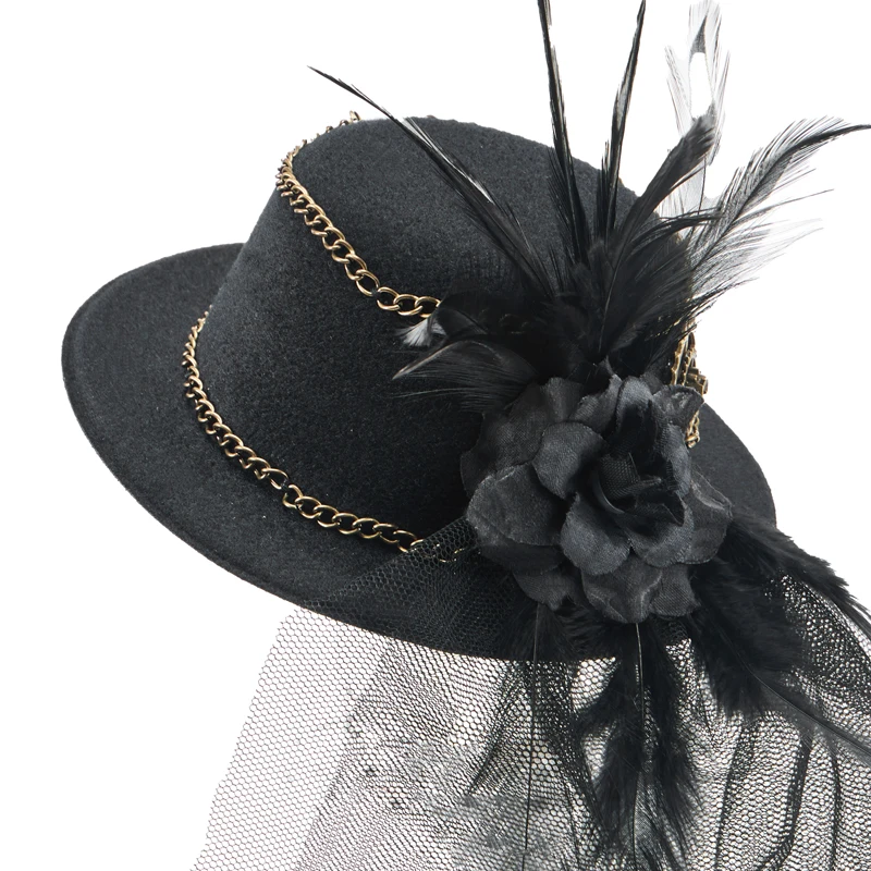 Steampunk Small Hat Gothic Hair Clip Vintage Gear Feathers Chain Black Brown Mini Top Hat Steampunk Small Hat Gothic Hair Clip Vintage Gear Feathers Chain Black Brown Mini Top Hat