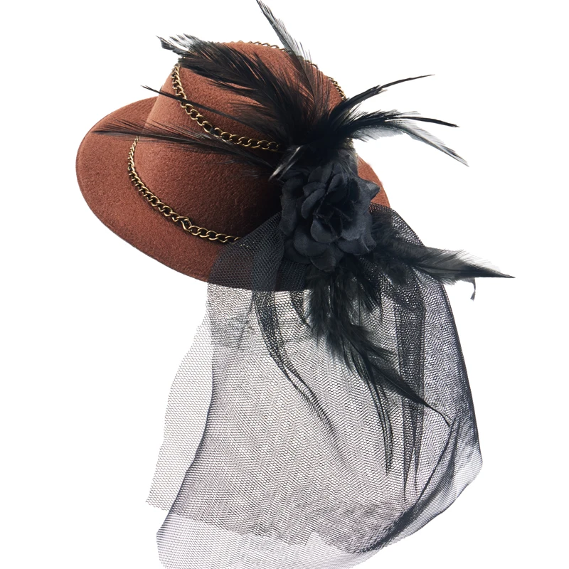 Steampunk Small Hat Gothic Hair Clip Vintage Gear Feathers Chain Black Brown Mini Top Hat Steampunk Small Hat Gothic Hair Clip Vintage Gear Feathers Chain Black Brown Mini Top Hat