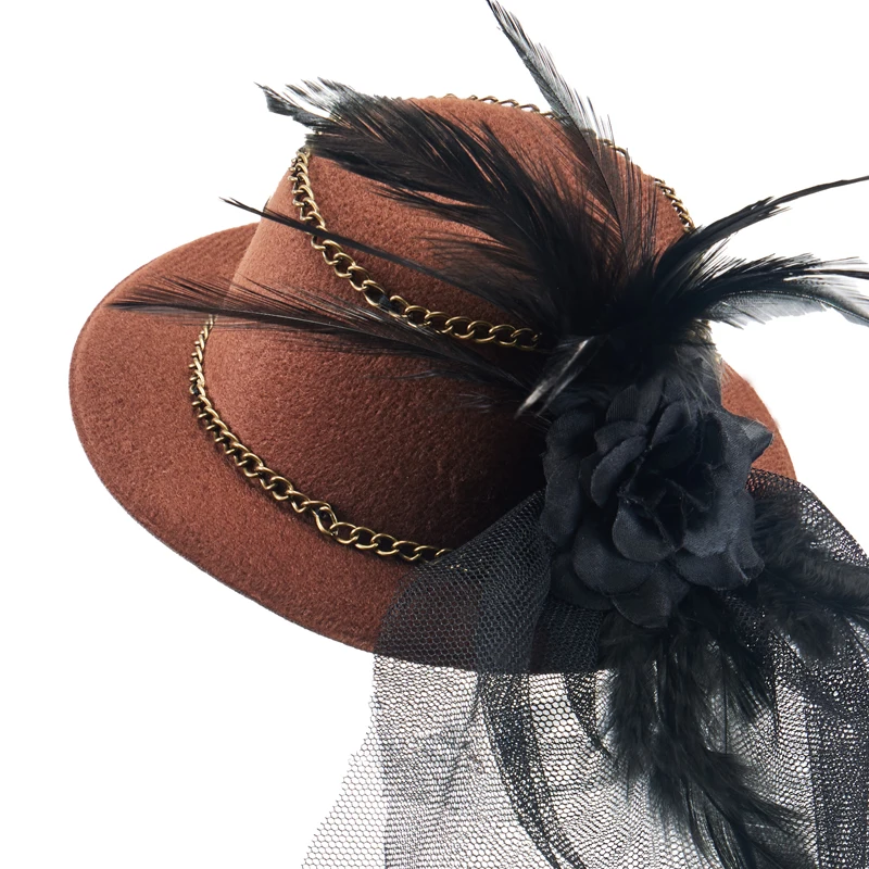 Steampunk Small Hat Gothic Hair Clip Vintage Gear Feathers Chain Black Brown Mini Top Hat Steampunk Small Hat Gothic Hair Clip Vintage Gear Feathers Chain Black Brown Mini Top Hat