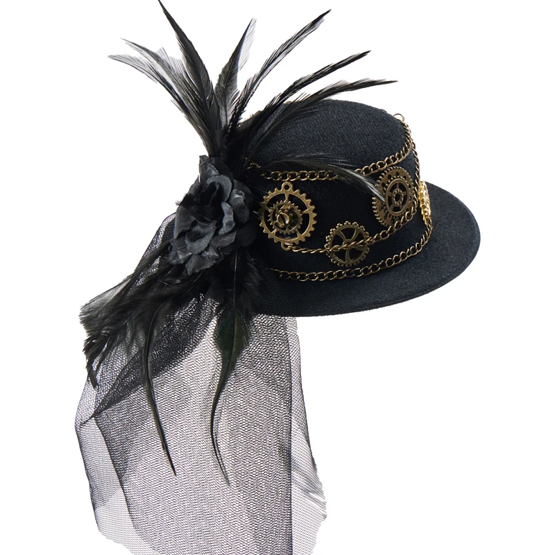Steampunk Small Hat Gothic Hair Clip Vintage Gear Feathers Chain Black Brown Mini Top Hat Steampunk Small Hat Gothic Hair Clip Vintage Gear Feathers Chain Black Brown Mini Top Hat