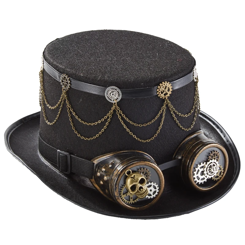 Steampunk Top Hat Gears Skull Chains Hat Gothic Goggles Hat for Party Halloween Steampunk Top Hat Gears Skull Chains Hat Gothic Goggles Hat for Party Halloween