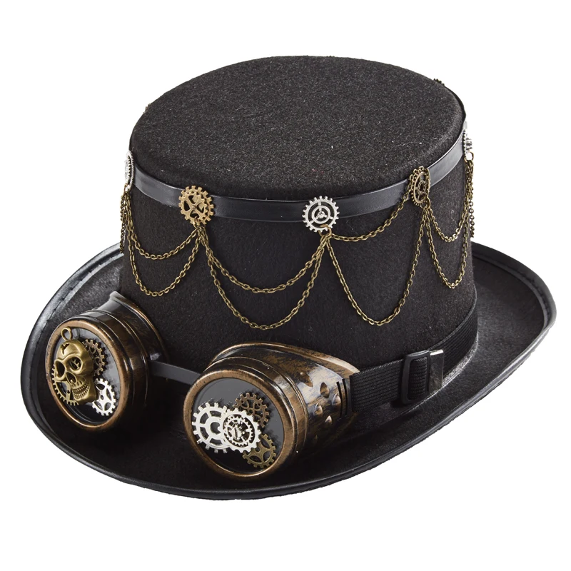 Steampunk Top Hat Gears Skull Chains Hat Gothic Goggles Hat for Party Halloween Steampunk Top Hat Gears Skull Chains Hat Gothic Goggles Hat for Party Halloween