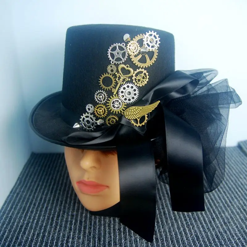 Steampunk Top Hat Gears Wing Black Lace Steampunk Top Hat Gears Wing Black Lace