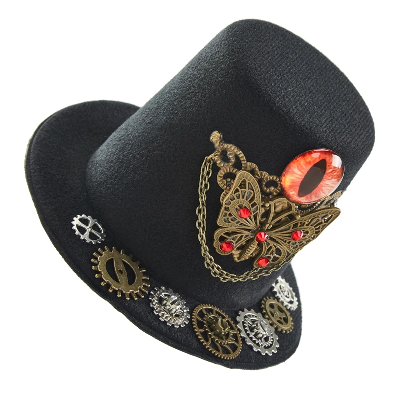 Vintage Stampunk Black Mini Top Hat Gothic Demon Eye Gears Chain Crystal Mini Hat Hair Clip Lolita Fedora Vintage Stampunk Black Mini Top Hat Gothic Demon Eye Gears Chain Crystal Mini Hat Hair Clip Lolita Fedora