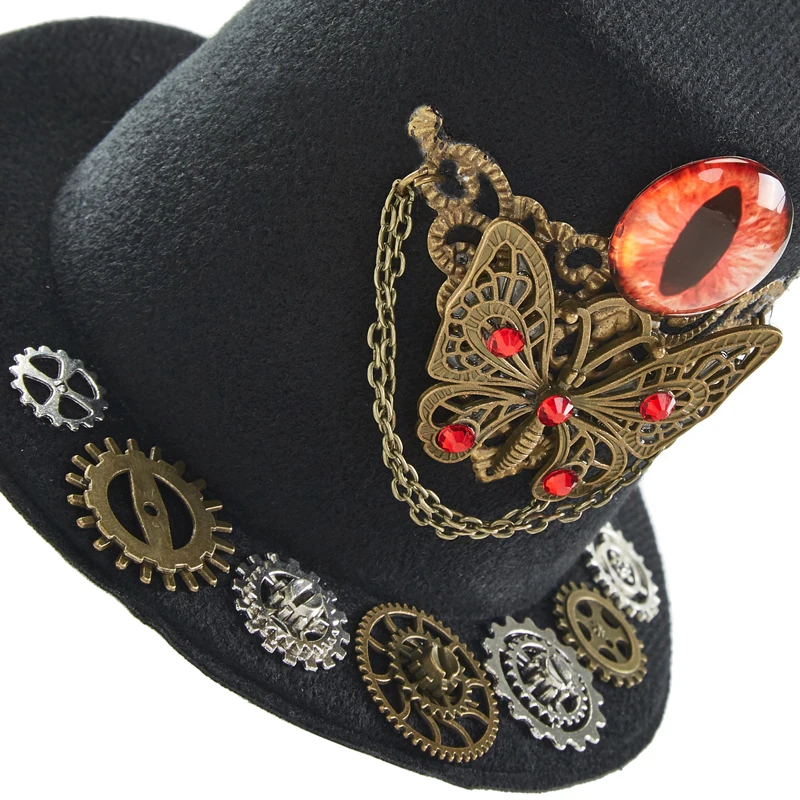 Vintage Stampunk Black Mini Top Hat Gothic Demon Eye Gears Chain Crystal Mini Hat Hair Clip Lolita Fedora Vintage Stampunk Black Mini Top Hat Gothic Demon Eye Gears Chain Crystal Mini Hat Hair Clip Lolita Fedora